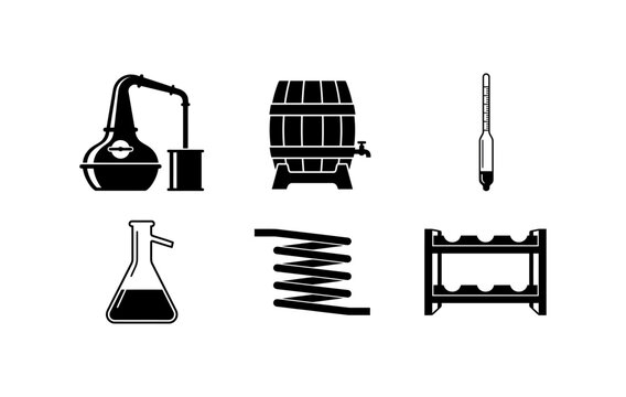 Set of distillation icons including pot still wooden barrel hydrometer flask cooling coil and storage rack for alcohol production and brewing