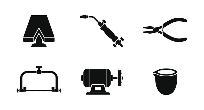 Collection of six industrial tools and equipment rendered in black silhouette on a white background