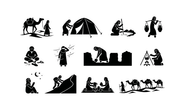 A comprehensive collection of black and white icons illustrating traditional desert life, Bedouin culture, and nomadic activities, perfect for cultural and historical projects