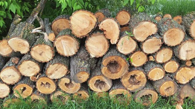 Stacked sawn trunk and thick branches of the willows