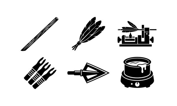 Archery equipment and arrow building tools icons set featuring shaft feathers jig nocks broadhead and melting pot for bow hunting crafting