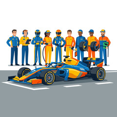 Naklejka premium Racing Team Crew with Formula 1 Car on Pit Stop - Professional Drivers and Mechanics