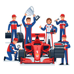 Naklejka premium Racing Team Celebration: Driver with Trophy Next to Formula 1 Car