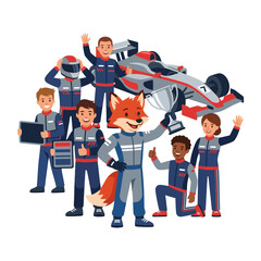 Naklejka premium Racing Team Victory Celebration with Fox Mascot and Trophy