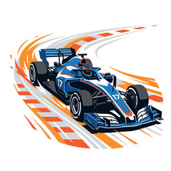 Naklejka premium Blue F1 Race Car Speeding on Track with Orange Curves, Dynamic Motion