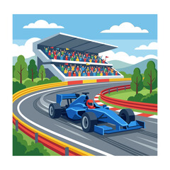 Naklejka premium Blue formula racing car on track with cheering crowd in stands, vibrant colors
