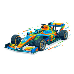 Naklejka premium Vibrant Formula Racing Car with Abstract Speed Streaks, White Background