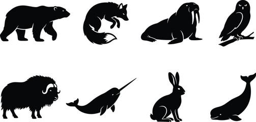Arctic and Wildlife Animal Silhouette Collection Featuring Mammals Birds and Marine Species © RurposiRani