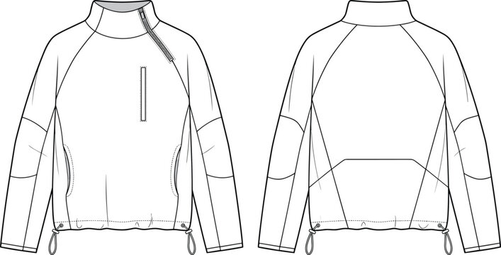 Technical Flat Sketch of Mock Neck Raglan Pullover Jacket with Drawcord Hem and Utility Zip Pocket