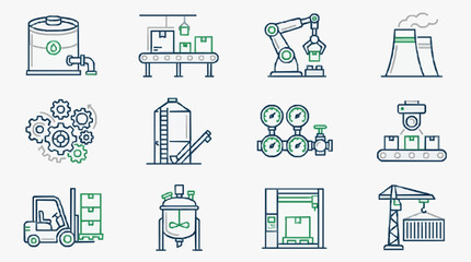 Elegant Green and Gray Industrial Manufacturing Process Icons Set with Modern Machinery and Equipment © Putri
