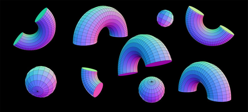 Gradient pixel shapes. Y2k rainbow torus ribbed effect. 3d shape neon spectrum color gradation. Vector element retro futuristic design