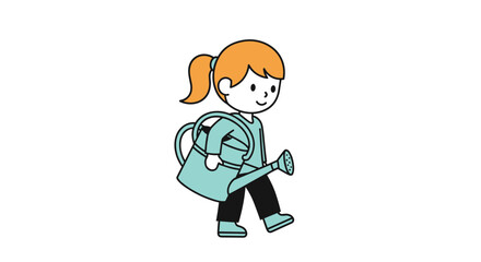 Fototapeta premium Cute little girl with orange hair and a ponytail carrying a large blue watering can while walking on a white background.