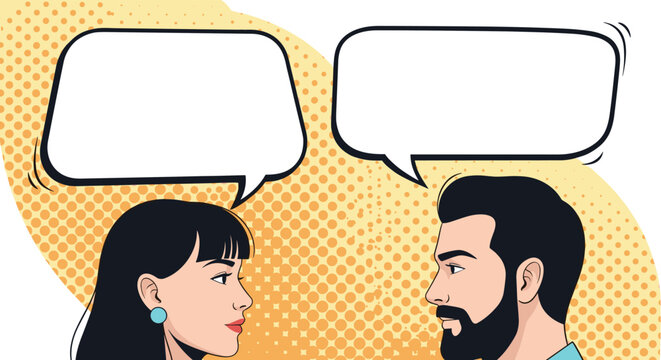 Side profile of a man and woman looking at each other with blank speech bubbles over a retro pop art dotted background.