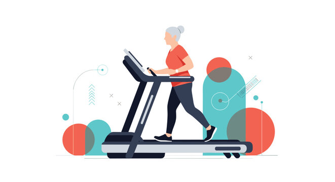 Active elderly woman with gray hair exercising on a treadmill against a modern abstract background with health graphics.