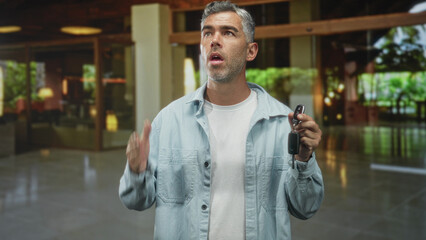 Naklejka premium Middle age man holding car keys and rubbing forehead in building lobby near glass doors and plants; frustration delay.