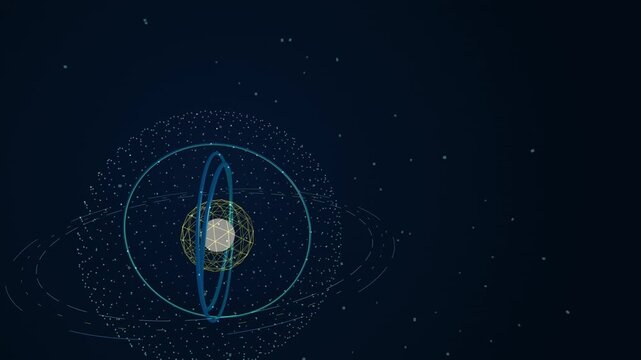 Abstract 3d representation of an atom with orbiting electrons and a glowing nucleus in deep space