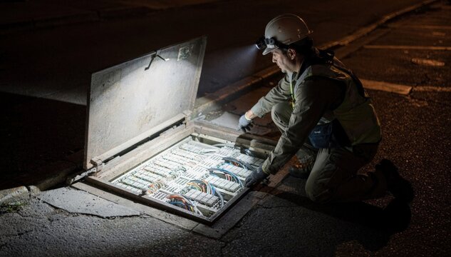 Focused medium shot of an inspector opening a street vault at night illuminated by headlamp showcasing crowded fiber splice trays inside out of focus.