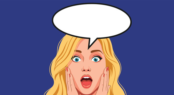 Shocked young woman with blonde hair holds her face in surprise with an empty speech bubble above her head for text.