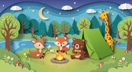 Naklejka premium Cartoon camping scene with forest animals and a cozy campfire at night