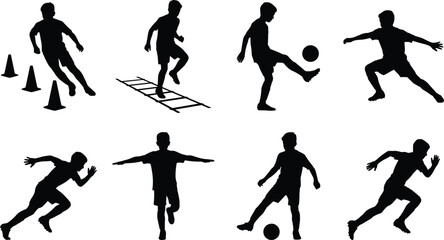 Youth soccer training and agility drills black silhouette collection isolated on white background © RurposiRani