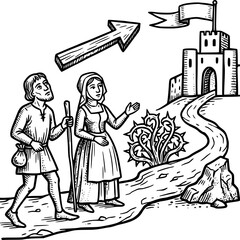 Obraz premium Medieval Journey: A couple from medieval times embark on a journey, following a winding path towards a distant castle, symbolized by an upward arrow pointing towards success or a quest.