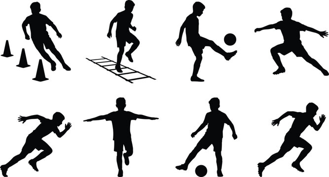 Youth soccer training and agility drills black silhouette collection isolated on white background