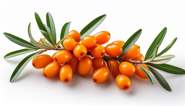 branch of seabuckthorn with leaves isolated on white background