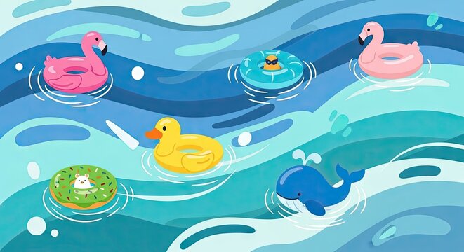 Cartoon pool scene with floating toys flamingo duck and whale designs