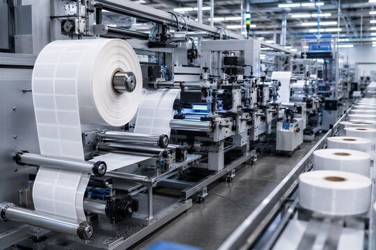 Industrial automatic labeling machine processing adhesive sticker rolls in manufacturing facility