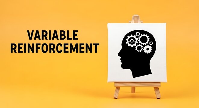 Variable reinforcement psychology concept, human profile with gears on canvas, behavioral science and habit formation illustration on yellow background