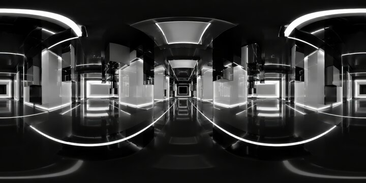 Black and white mirrored corridor with futuristic symmetry. Concept for 360 VR environment, game backdrop, immersive architecture and digital showroom.
