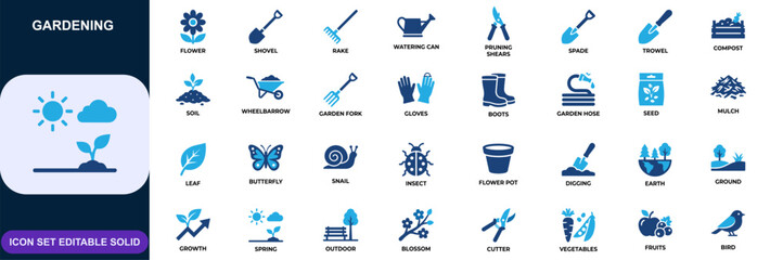 Gardening icon set for planting and landscape care. Garden tools, plant care, flower bloom, shovel, rake, watering can, pruning shears, compost. Editable icons collection. Vector. © Senoara Studio