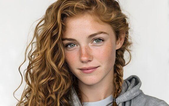 Head and shoulders shot of a calm and beautiful young Caucasian woman with wavy hair in a comfortable hoodie over a white wall.