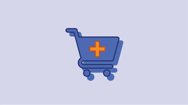 A flat style icon of a shopping cart with an orange plus sign symbol.