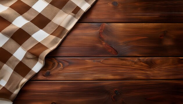 top down view of a checkered tablecloth on a wooden table with ample copy space for text in the image