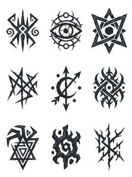 Set of Nine Dark Occult Symbols and Mystical Sigils for Halloween Design Projects Featuring Gothic Tribal and Esoteric Shapes