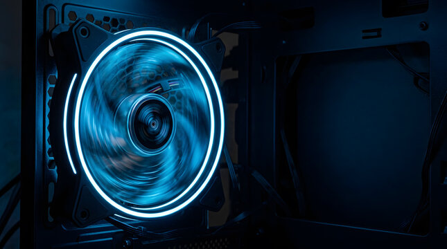PC Case Fan with Cyan RGB Lighting Cooling Desktop Computer Hardware in Dark Gaming Room Environment