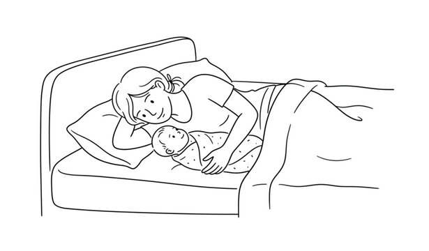 Mother and Baby on Bed Simple Line Art Vector