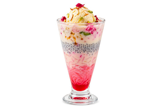 Falooda dessert glass with rose syrup and basil seeds, white background, clean modern Indian dessert