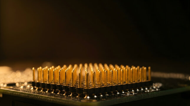 Macro Photography of Gold Processor Pins on a Motherboard for Semiconductor and High-Performance Computing Concepts