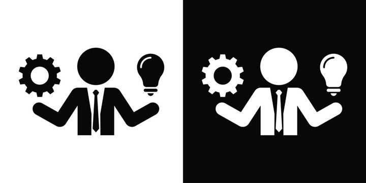 Businessman balancing a gear and a lightbulb, representing the integration of creative ideas and technical execution. Clean black and white vector icons.