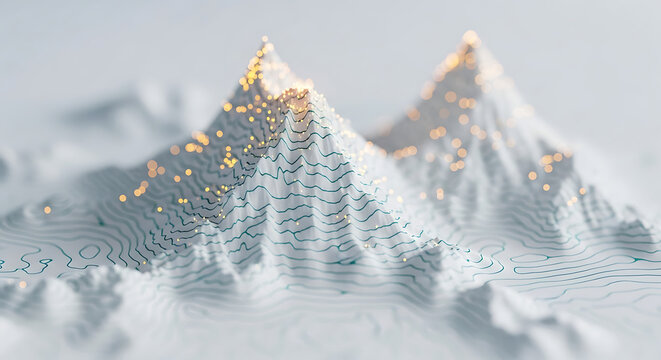 Topographic map visualization of stylized snowy mountain peaks with glowing data points mountain topographic visualization landscape technology abstract elevation geography analysis