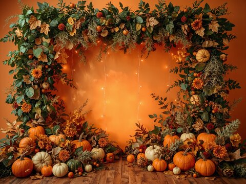Image 9: Autumn Pumpkin Decor Frame with Fall Leaves and String Lights in Warm Colors