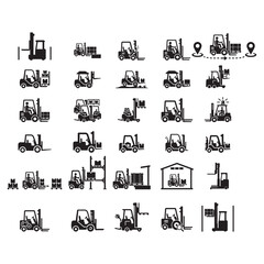 Fototapeta premium Warehouse Logistics Forklift Icon Collection Black glyph forklift icons for warehouse logistics, inventory movement, storage, and material transport.