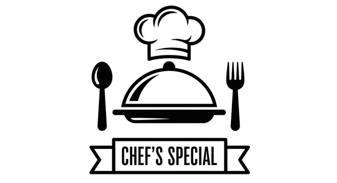 Culinary emblem featuring chef hat cloche spoon and fork with special designation