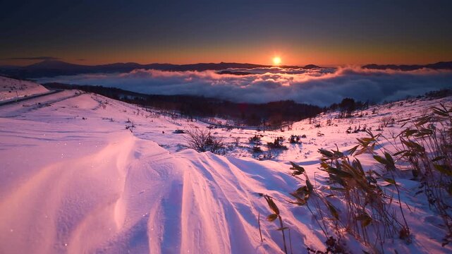 屈斜路湖の日の出と雪紋