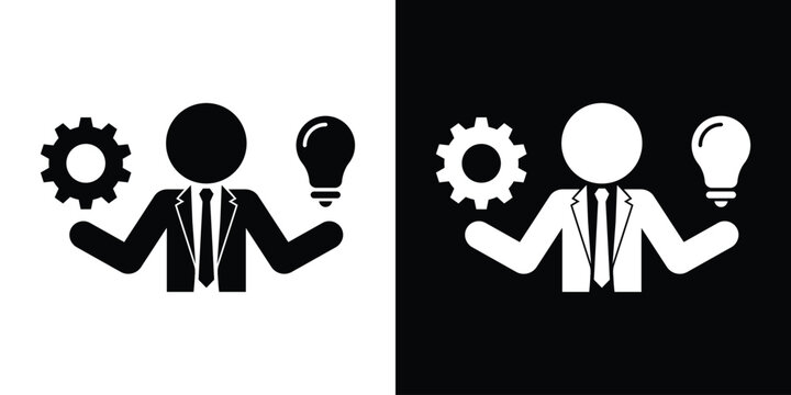 Businessman balancing a gear and a lightbulb, representing the integration of creative ideas and technical execution. Clean black and white vector icons.