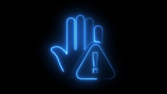 Prohibitory sign Animation with a raised hand with neon tringle icon. Danger warning with hand. prohibited Hand icon