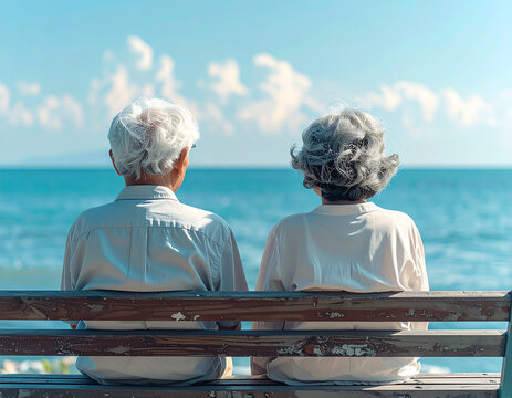 Senior Asian couple sitting on a bench by the sea looking at the ocean rear view