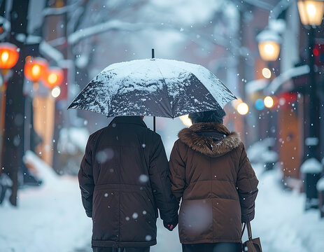 Senior Asian couple walking together under an umbrella in the snow rear view